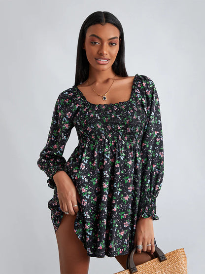 Retro Floral Print Ruffled Trim Square Neck A-Line Short Floral Dress