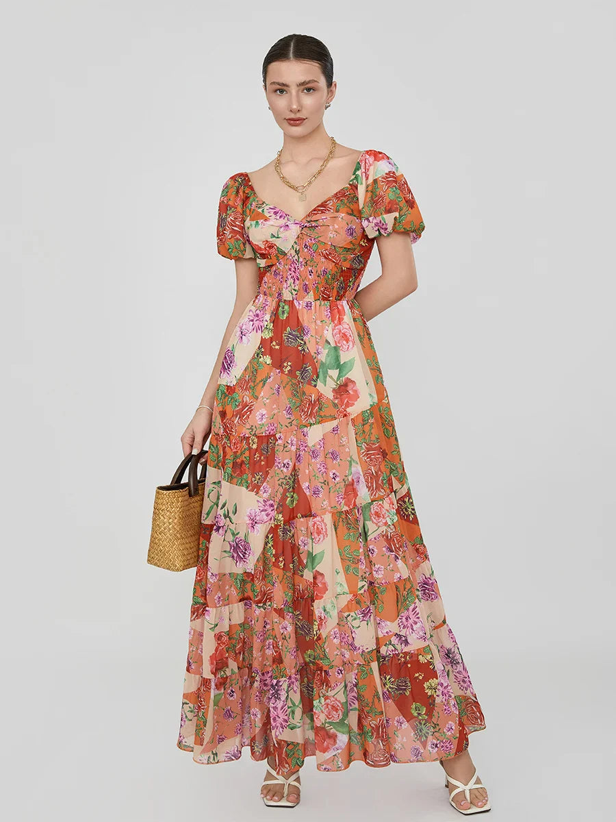 Retro Floral Print Swing Puff Short Sleeve Sweetheart Neck A-Line Beach Dress
