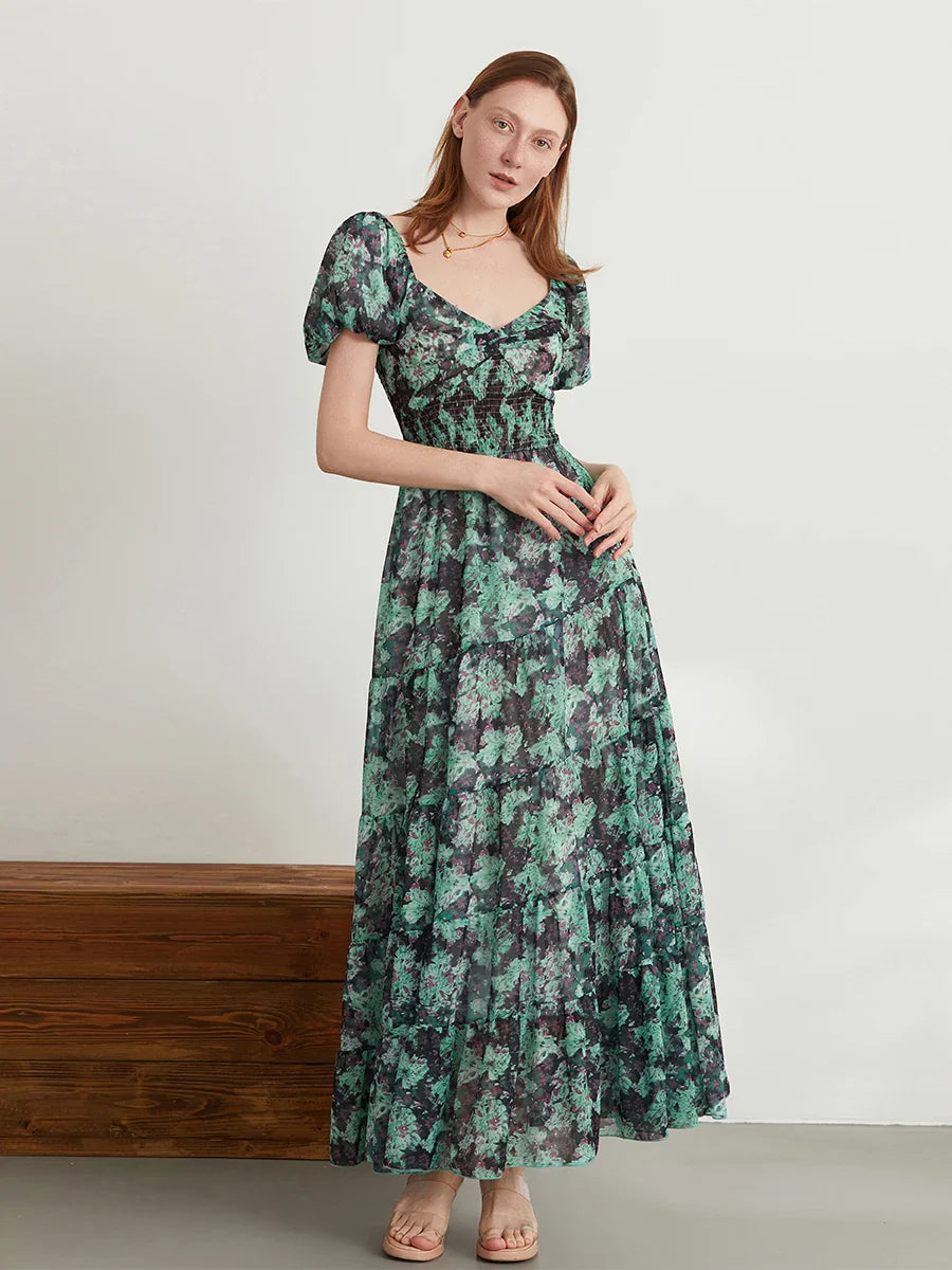Retro Floral Print Swing Puff Short Sleeve Sweetheart Neck A-Line Beach Dress