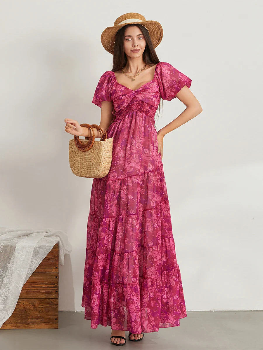 Retro Floral Print Swing Puff Short Sleeve Sweetheart Neck A-Line Beach Dress