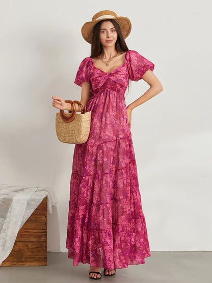 Retro Floral Print Swing Puff Short Sleeve Sweetheart Neck A-Line Beach Dress