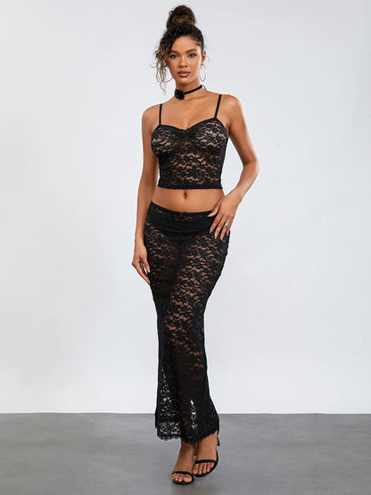 See-Through Black Lace Crochet Camis Crop Top Long Floral Skirt