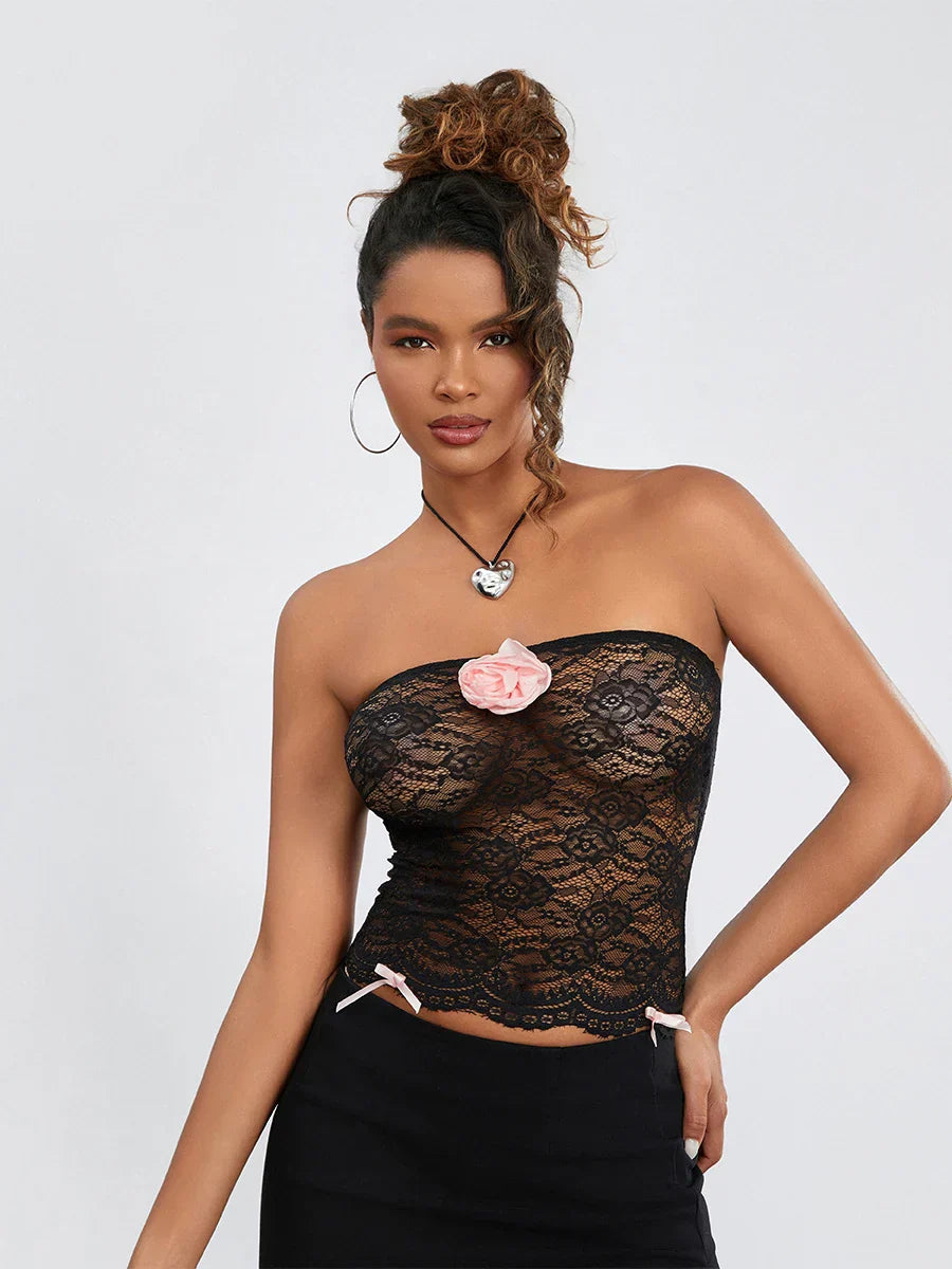 Floral Mesh See-through Strapless 3D Flower Bandeau