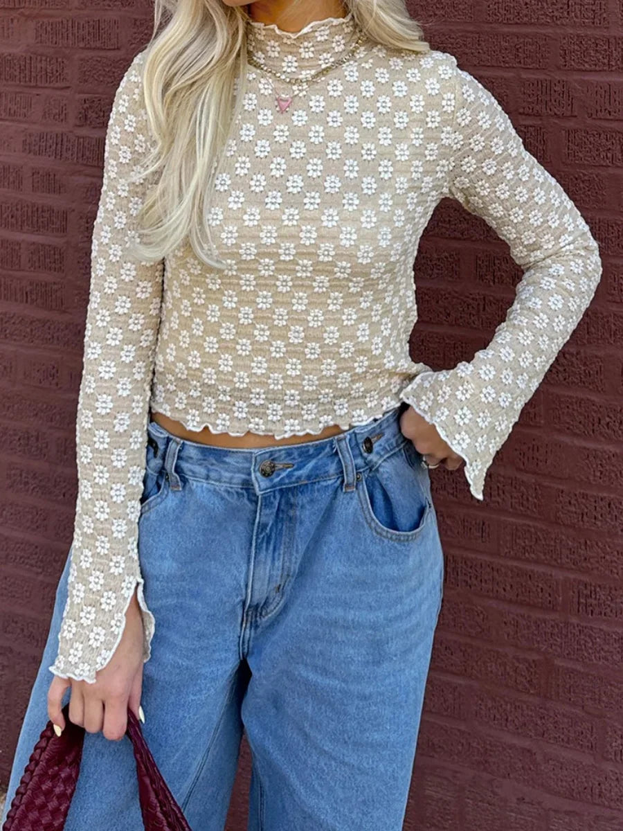 Floral Sheer Mock Neck Long Sleeve Lettuce Hem Crop Top
