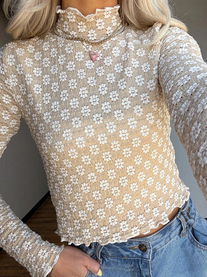 Floral Sheer Mock Neck Long Sleeve Lettuce Hem Crop Top