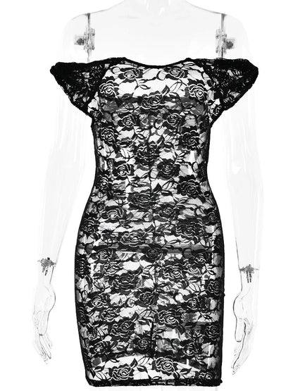 See-Through Lace Floral Off-Shoulder Bodycon Mini Floral Dress
