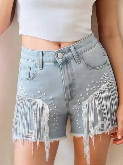 Sequins Tassel Ripped Denim Short