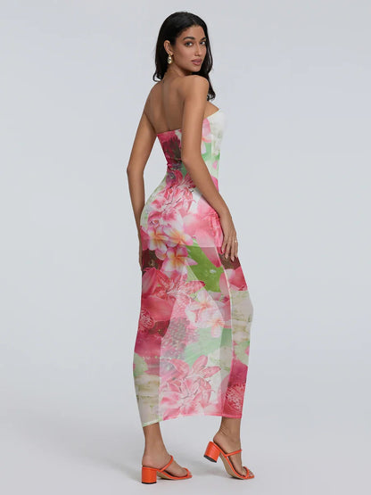Sexy Strapless Bodycon Off-Shoulder Backless Sheath Floral Night Gown
