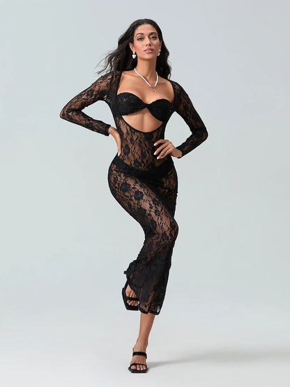 Sexy See-Through Lace Sheer Long Sleeve Beach Floral Dress