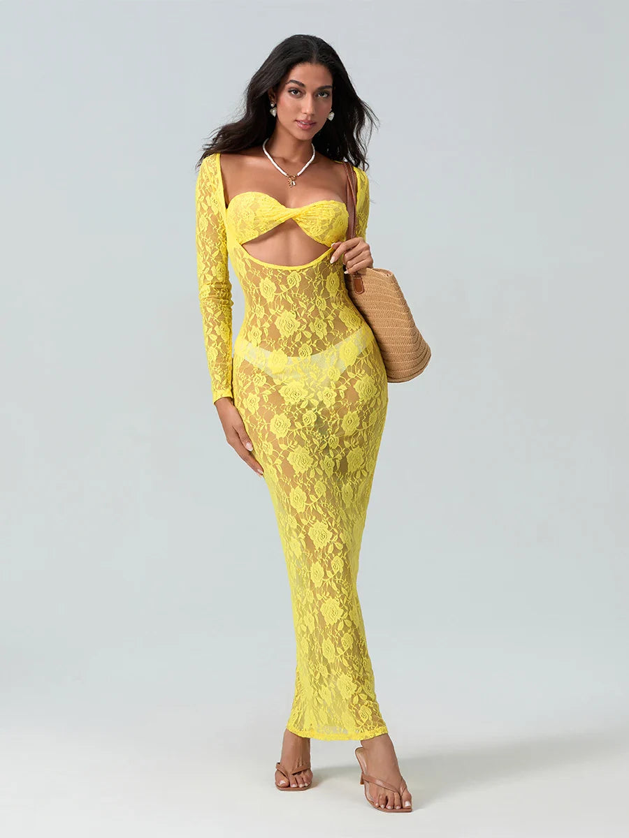 Sexy See-Through Lace Sheer Long Sleeve Beach Floral Dress