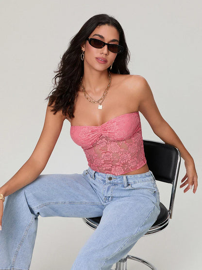 Sheer Lace Off-shoulder Strapless Low Cut Bandeau Top