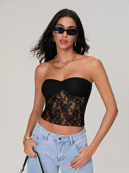 Sheer Lace Off-shoulder Strapless Low Cut Bandeau Top