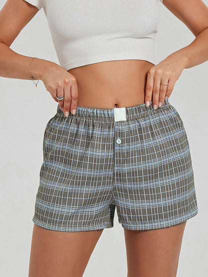 Solid Plaid Elastic Waist Short