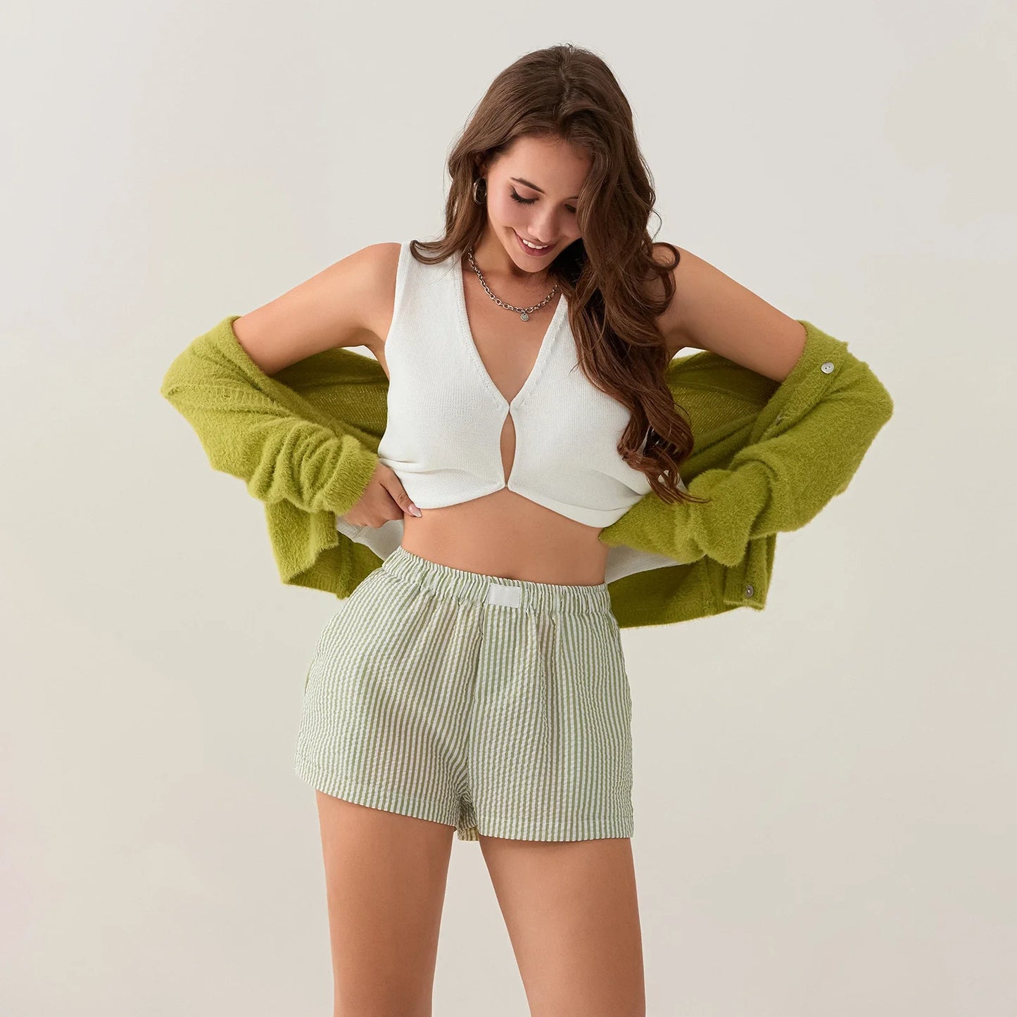 Striped Side Split Elastic Waist Short