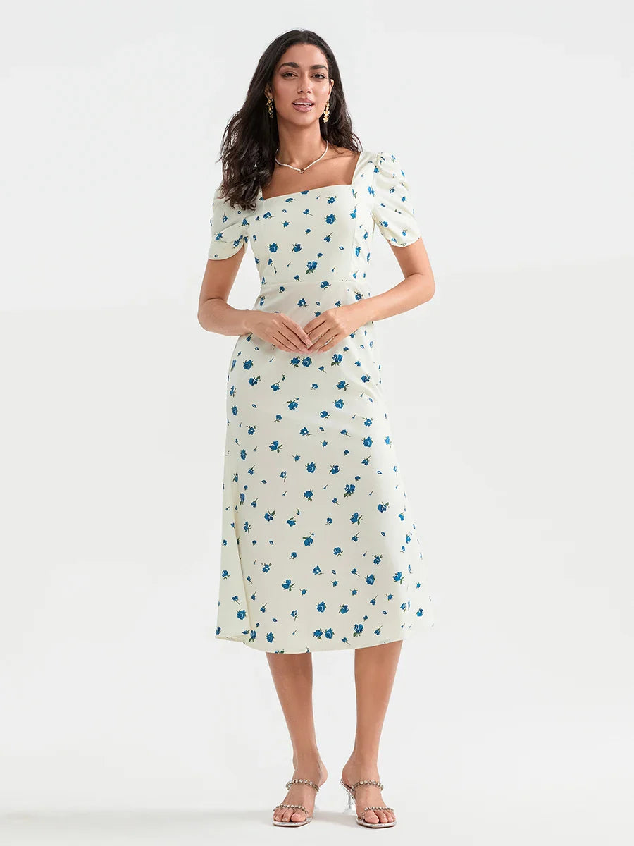 Summer Floral Midi Puff Sleeve A-Line Floral Dress
