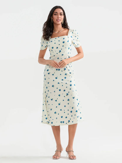 Summer Floral Midi Puff Sleeve A-Line Floral Dress