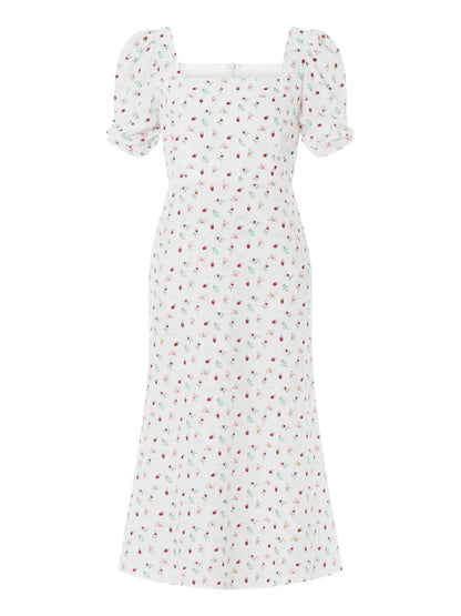 Summer Floral Midi Puff Sleeve A-Line Floral Dress