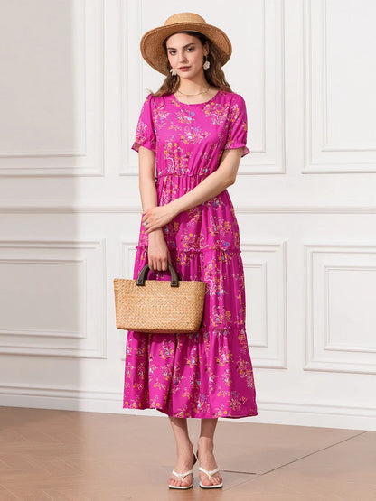 Floral Ruched Tiered Puff Sleeve Pleated Flowy Long Floral Dress