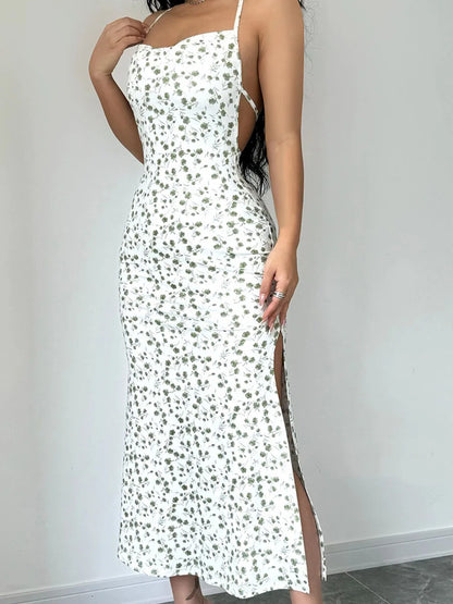 Floral Tied Backless Halter Split Floral Dress