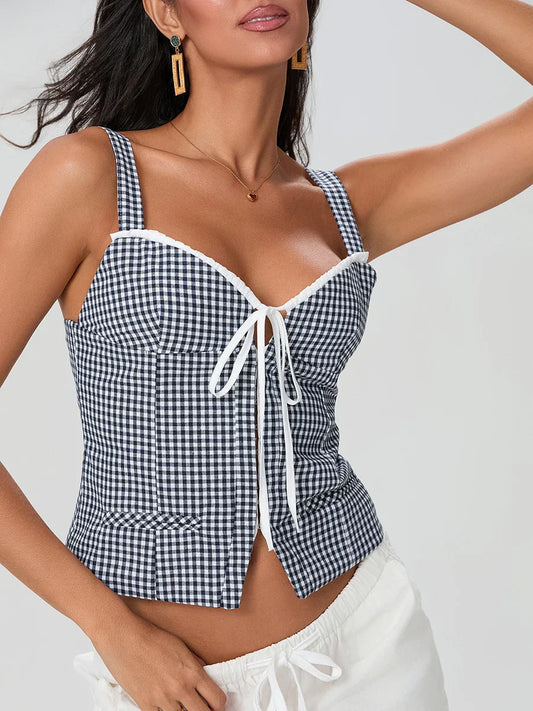 Plaid Print Backless Sleeveless Low Cut Tied Crop Vest