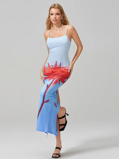Sexy Spaghetti Straps Bodycon O-neck Wrap Cami Floral Dress