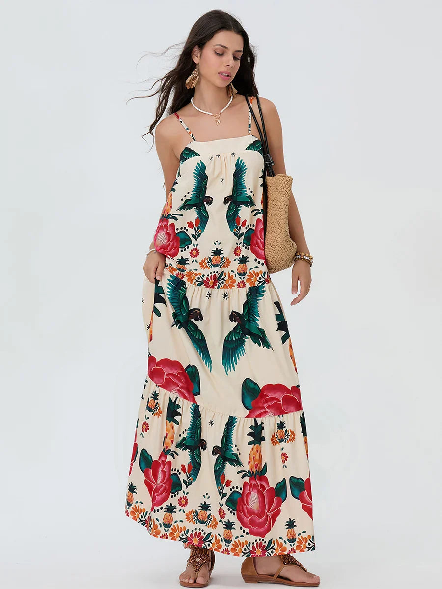 Boho Flowy Leaves Floral Ruched A-Line Floral Dress