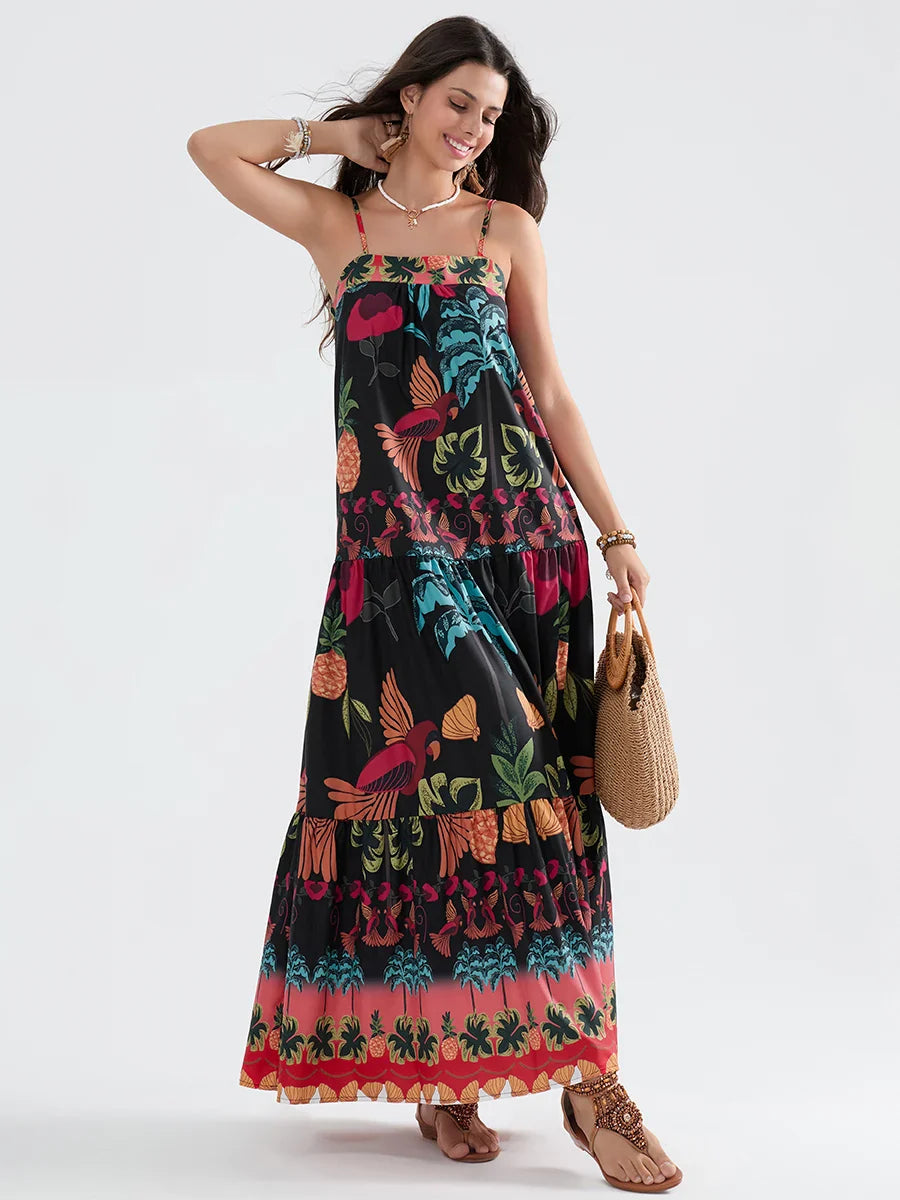 Boho Flowy Leaves Floral Ruched A-Line Floral Dress