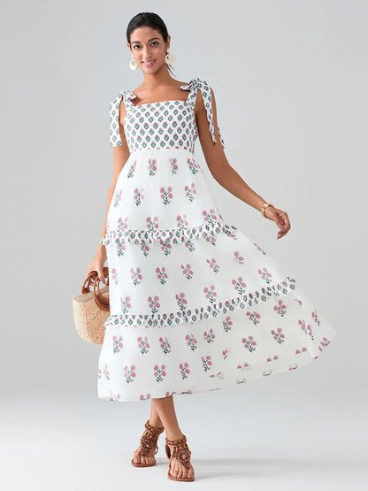 Wide Straps Flowy Floral Bohemian Beach Frill Trim Square Neck A-Line Dress