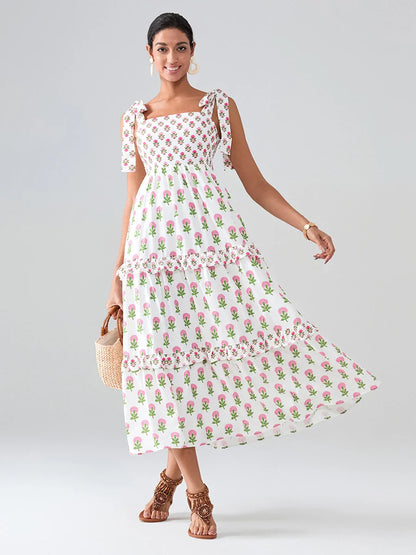 Wide Straps Flowy Floral Bohemian Beach Frill Trim Square Neck A-Line Dress
