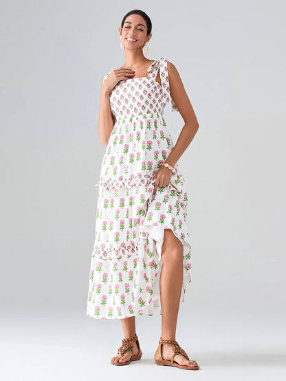 Wide Straps Flowy Floral Bohemian Beach Frill Trim Square Neck A-Line Dress