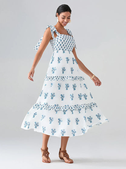 Wide Straps Flowy Floral Bohemian Beach Frill Trim Square Neck A-Line Dress