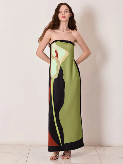 Vintage Abstract Floral Strapless Backless Loose Tube Top Floral Dress