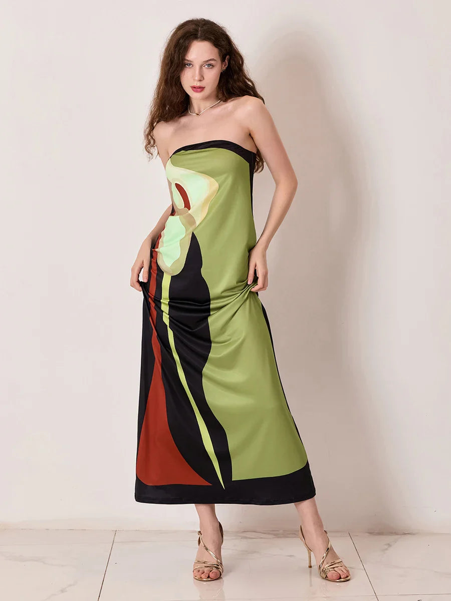 Vintage Abstract Floral Strapless Backless Loose Tube Top Floral Dress