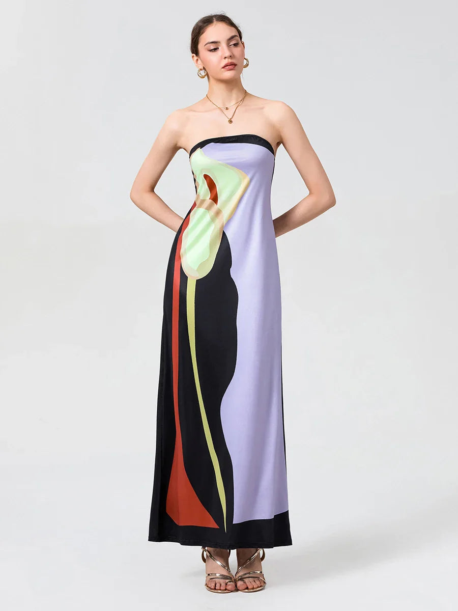 Vintage Abstract Floral Strapless Backless Loose Tube Top Floral Dress