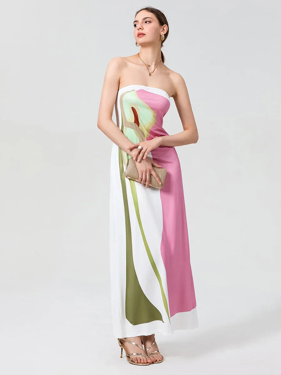 Vintage Abstract Floral Strapless Backless Loose Tube Top Floral Dress