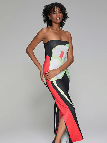 Abstract Print Strapless Side Split Floral Dress