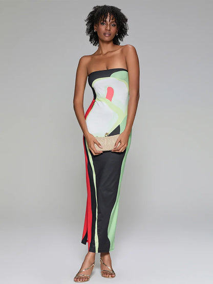 Abstract Print Strapless Side Split Floral Dress