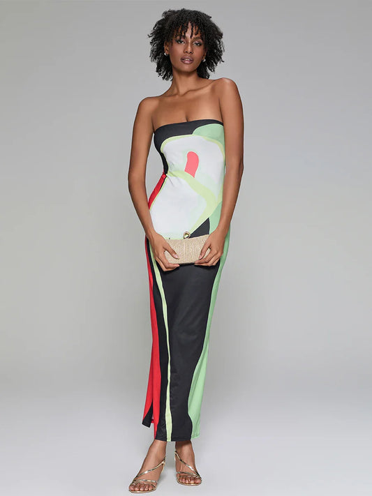 Abstract Print Strapless Side Split Floral Dress