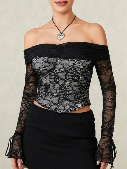 Black Lace Floral Sheer Off-shoulder Slim Corset Top