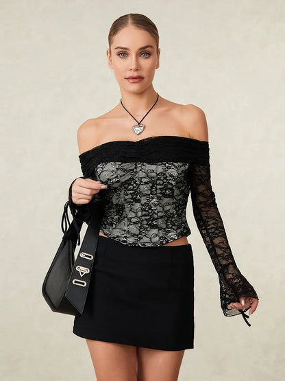 Black Lace Floral Sheer Off-shoulder Slim Corset Top