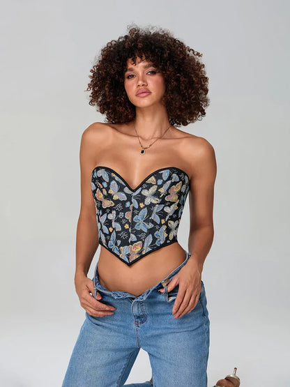 Butterfly Print Strapless Bandage Off-shoulder Corset