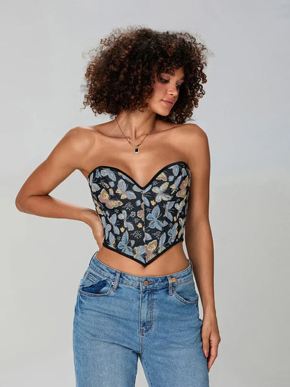Butterfly Print Strapless Bandage Off-shoulder Corset