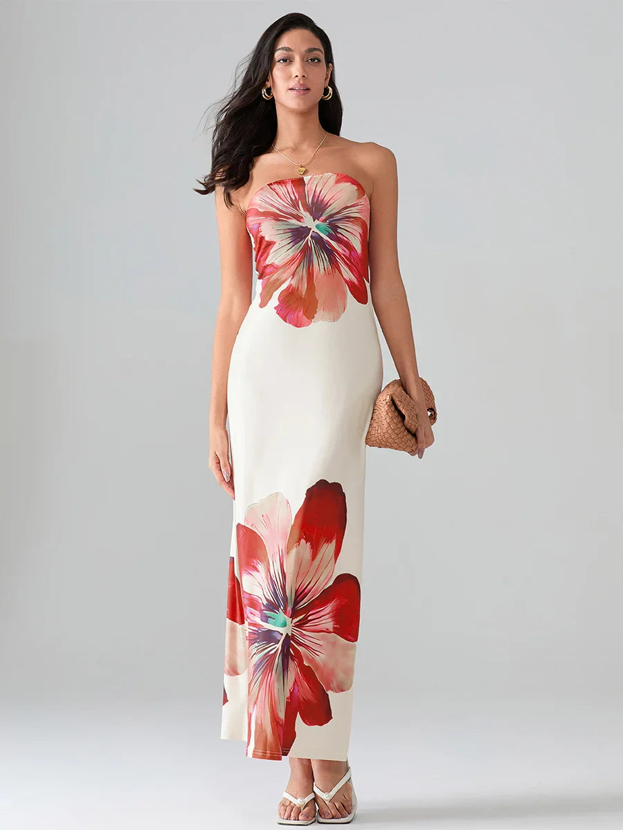 Floral Print Bandeau Strapless Wrap Floral Dress