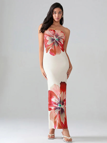 Floral Print Bandeau Strapless Wrap Floral Dress