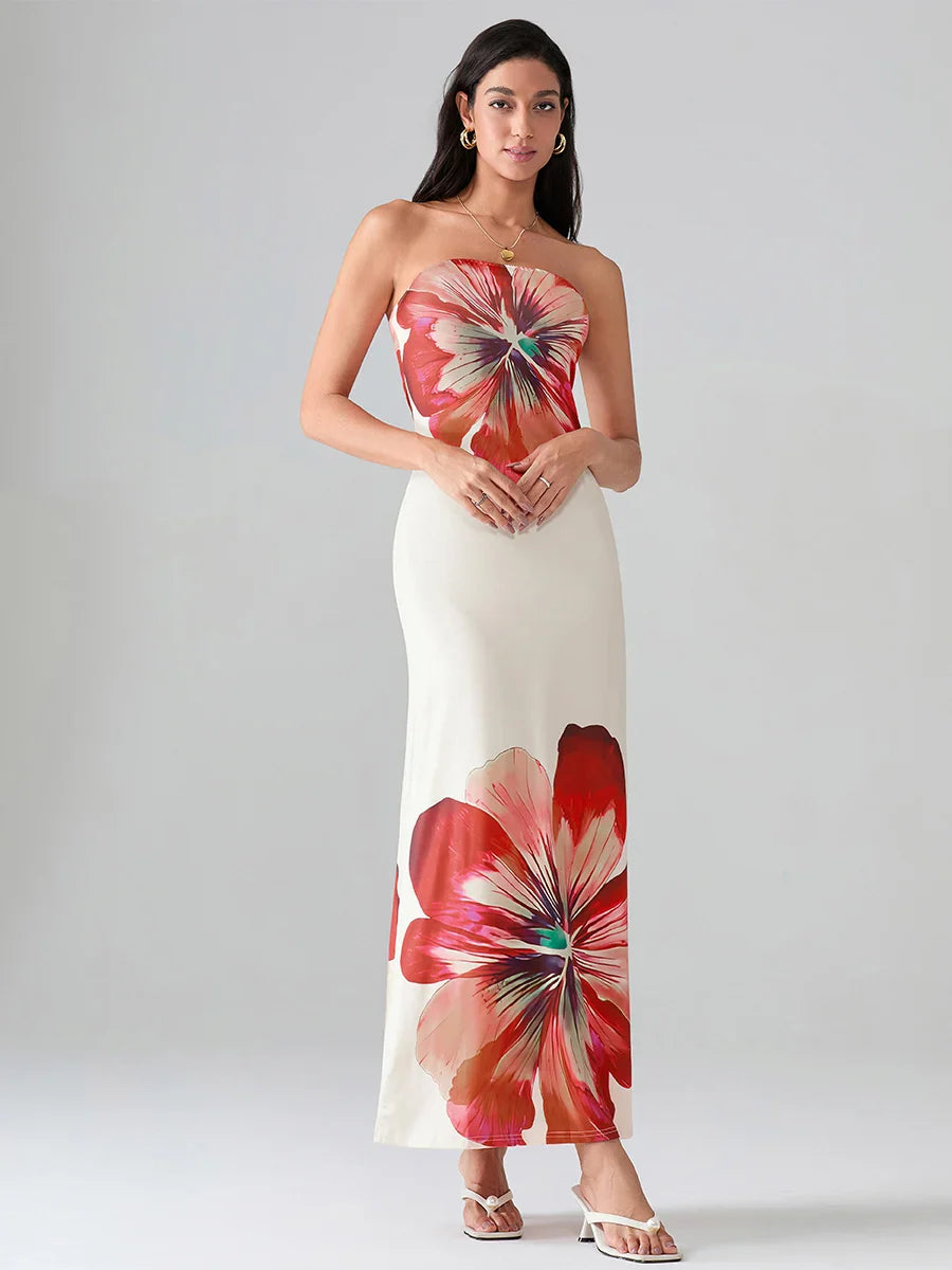 Floral Print Bandeau Strapless Wrap Floral Dress
