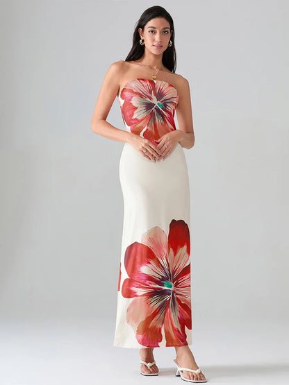 Floral Print Bandeau Strapless Wrap Floral Dress