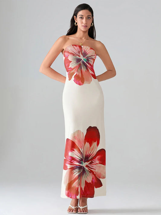 Floral Print Bandeau Strapless Wrap Floral Dress