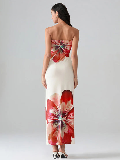 Floral Print Bandeau Strapless Wrap Floral Dress