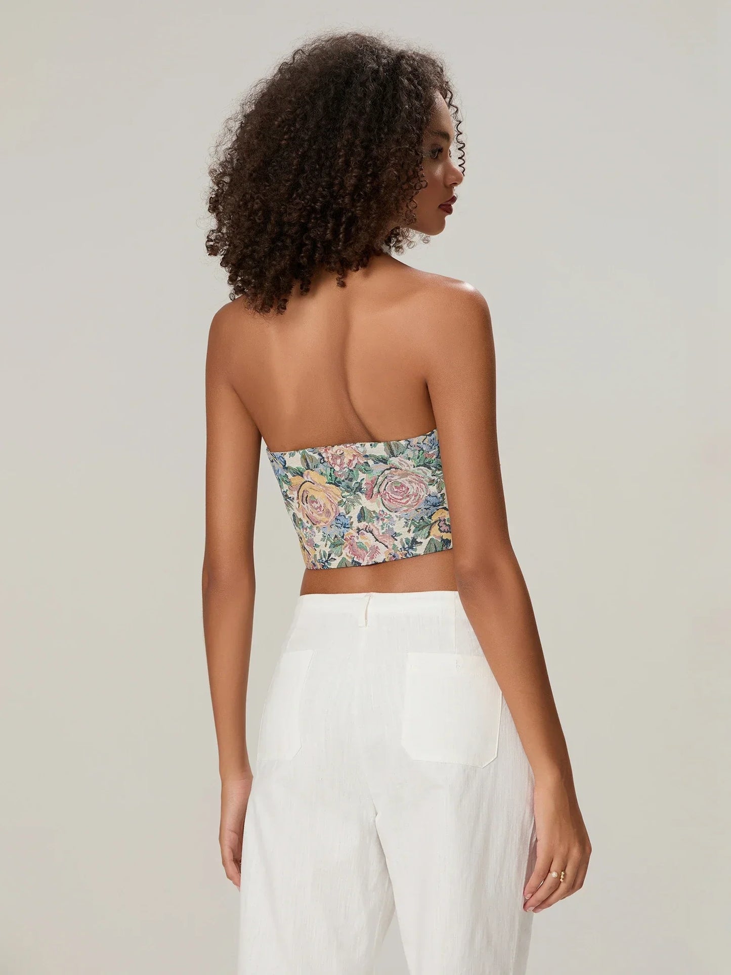 Vintage Floral Halterneck Bow Tied Front Deep V Crop Top
