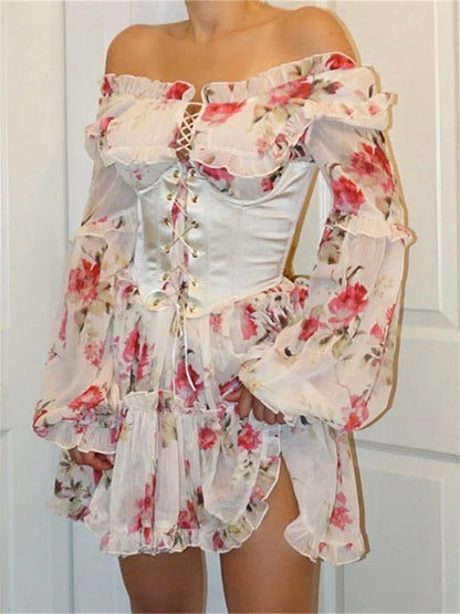 Vintage Off-Shoulder A-Line Bandage Floral Dress